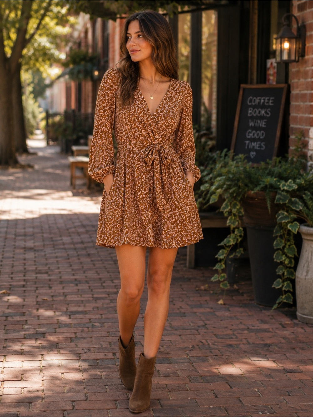 Free People Brown Floral Faux Wrap Mini Dress Pockets XS
